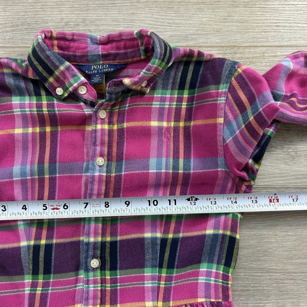 Polo Ralph Lauren Girls 12 Pink Plaid‎ Flannel Shirt Dress Long Sleeves Pockets